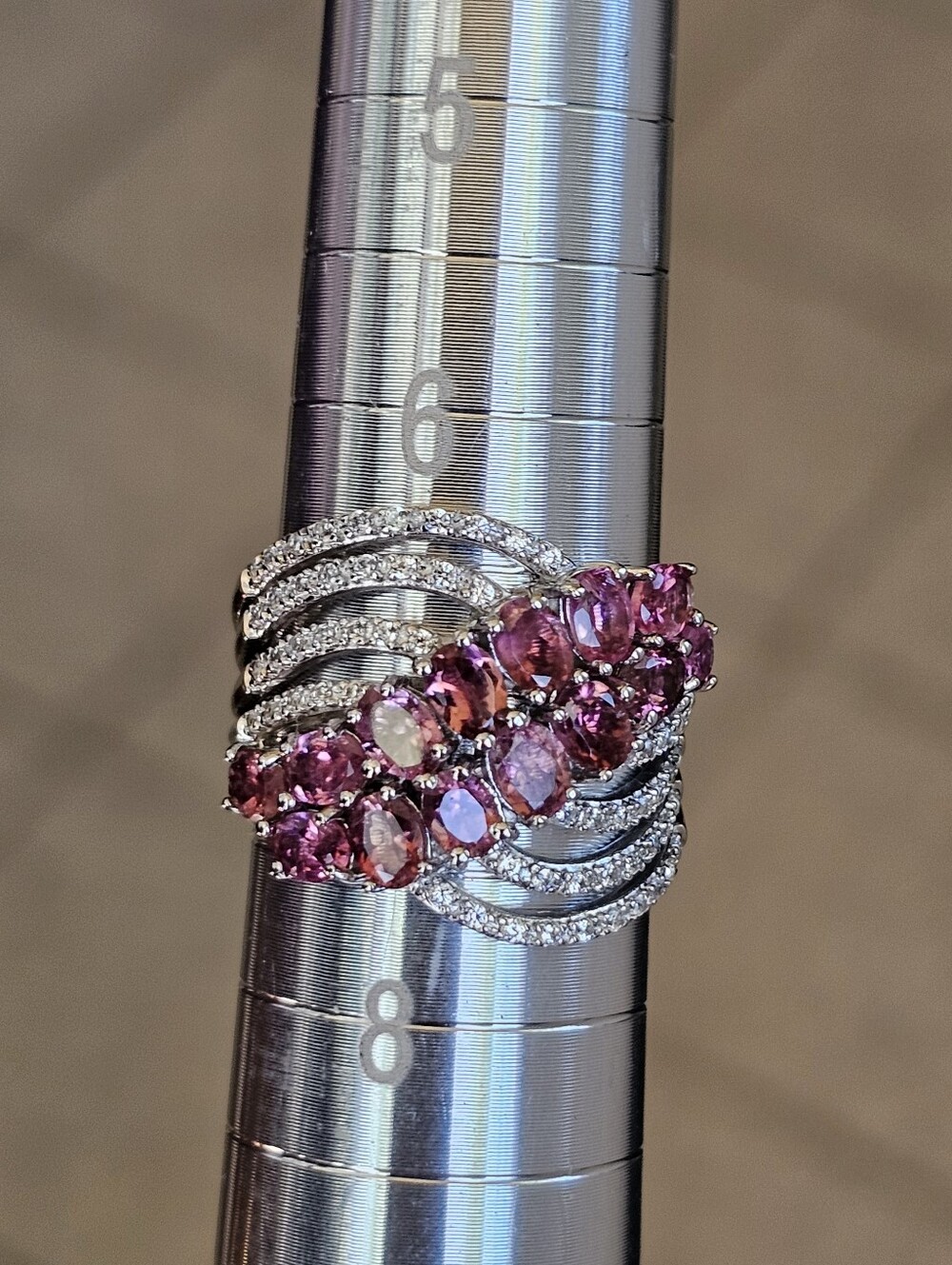 Genuine Pink Tourmaline & White Zircon Ring Sterling Silver Rhodium Overlay Sz 7 - Picture 4 of 6
